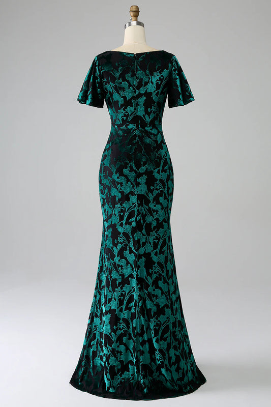 Mermaid V Neck Burnout Velvet Floor Length Dress With Short Sleeves
