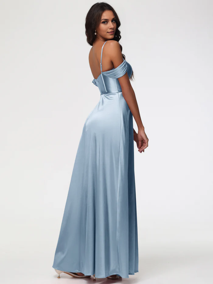 Dusty Blue Prom Off The Shoulder Sweetheart Spaghetti Straps Long Stretch Satin Prom Dress