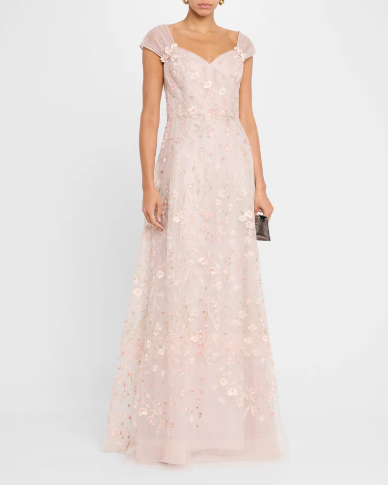 Floral-Embroidered Tulle Gown Beautiful and charming simple and unique design