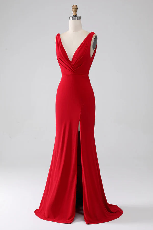 Mermaid V-Neck Red Prom Dress with Slit simple gentle atmospheric and unique desi