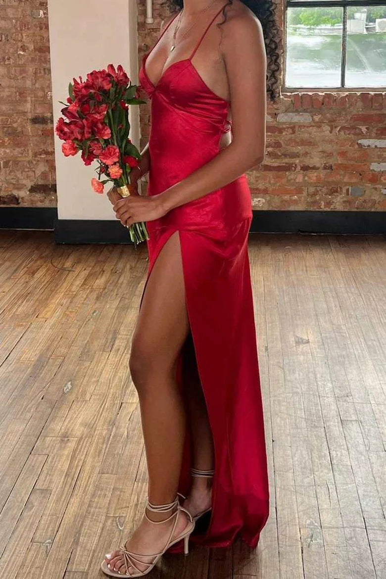 Spaghetti Straps V-Neck Satin Long Prom Dress with Slit