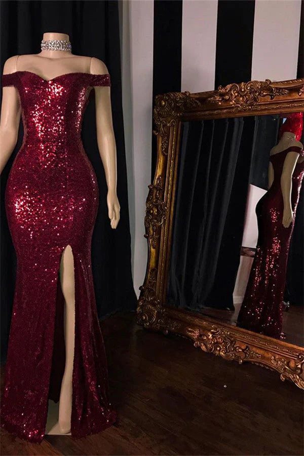 Burgundy Sequins Long Prom Dress Mermaid Simple gentle atmospheric and unique design