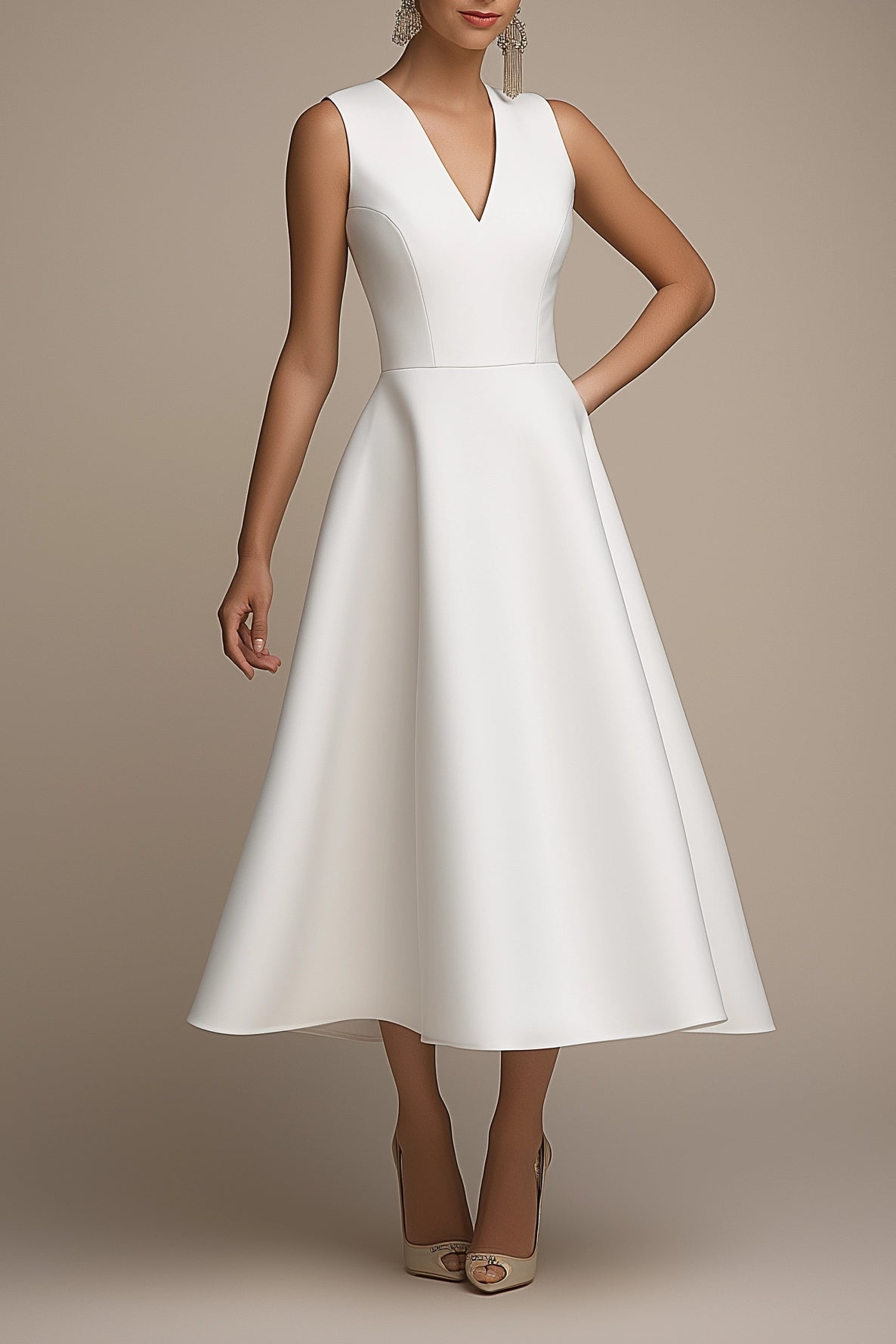Work Party Dress White V Neck Sleeveless A-Line Midi Dress Simple beautiful generous and full of charm