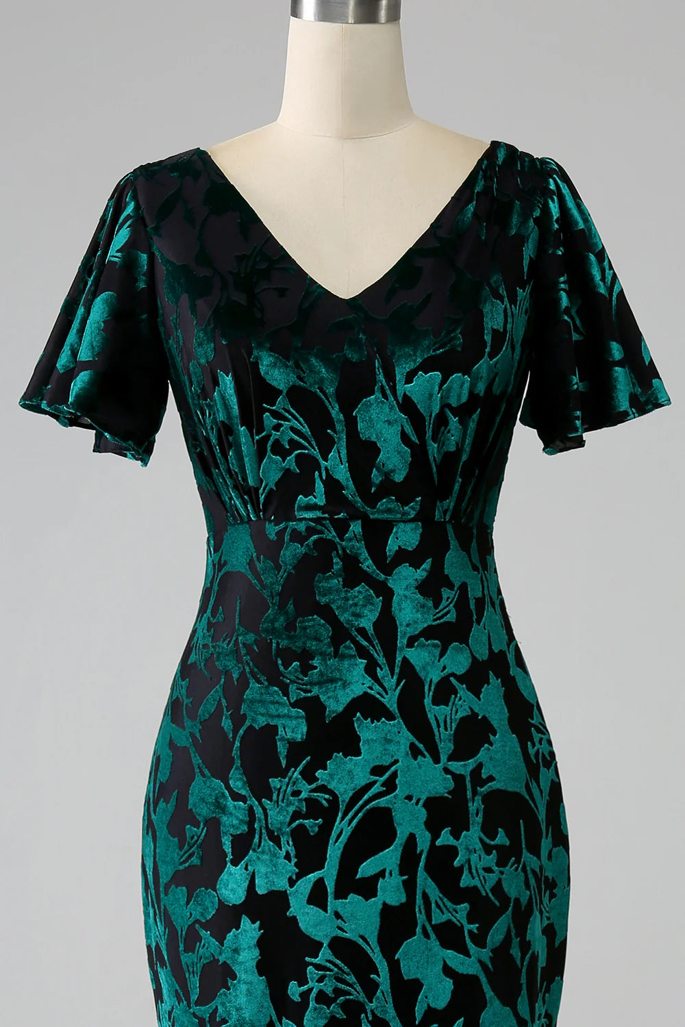 Mermaid V Neck Burnout Velvet Floor Length Dress With Short Sleeves