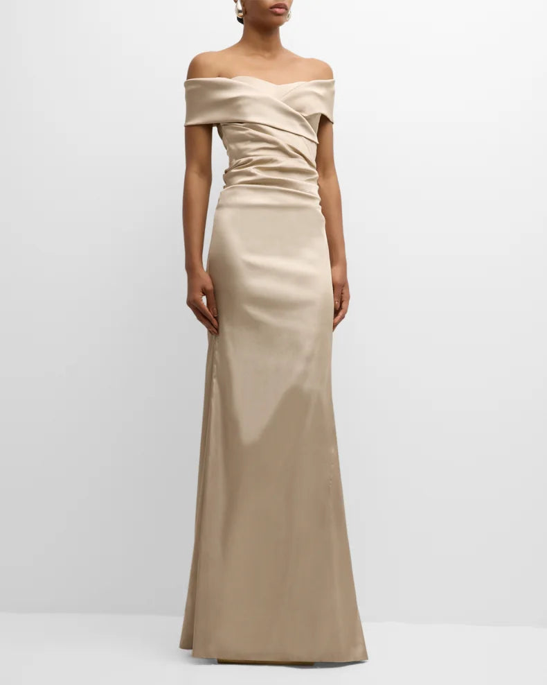 Pleated Off-Shoulder Satin Column Gown Beautiful and charming simple and unique design