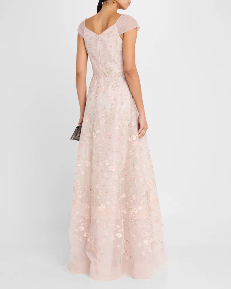 Floral-Embroidered Tulle Gown Beautiful and charming simple and unique design
