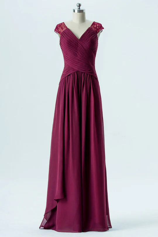 V-Neck Cap Sleeves Long Bridesmaid Dress
