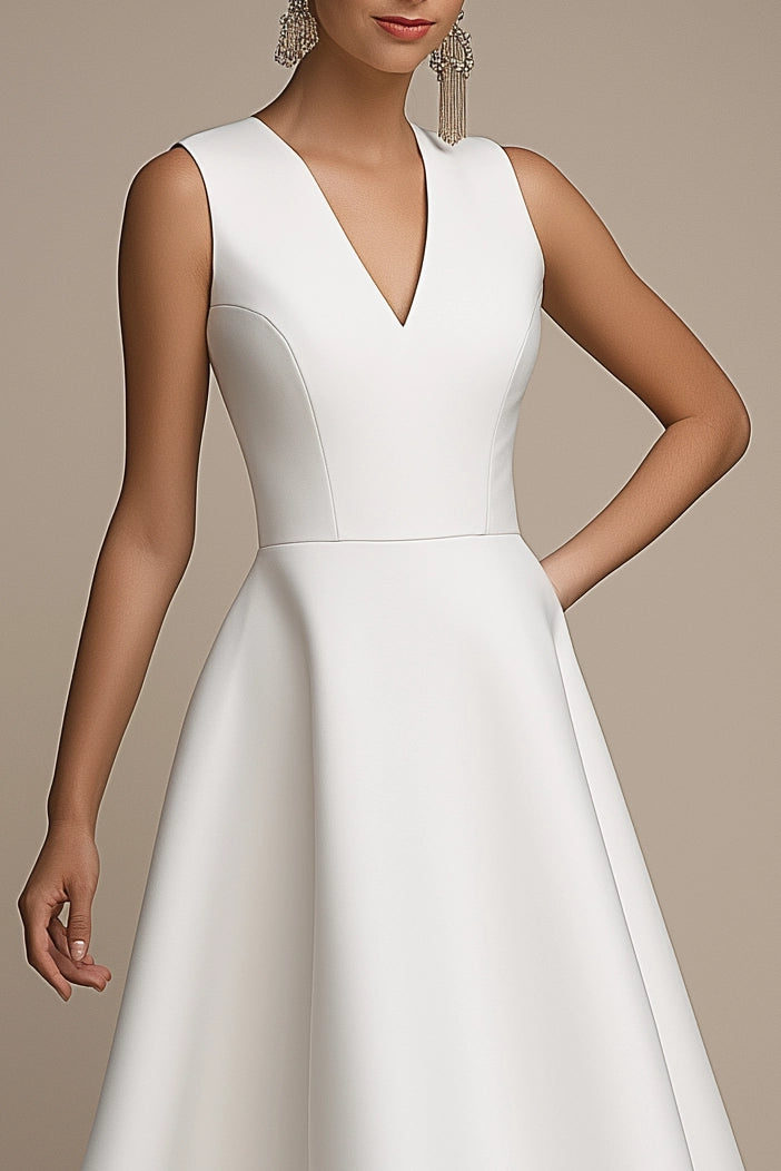 Work Party Dress White V Neck Sleeveless A-Line Midi Dress Simple beautiful generous and full of charm