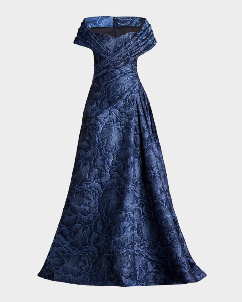 Pleated Off-Shoulder Floral Jacquard Gown Beautiful and charming simple and unique design