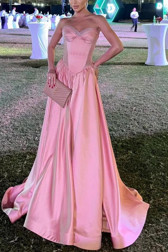 Strapless Satin A-Line Empire-Waist Sleeveless Pleats Formal Prom Dress