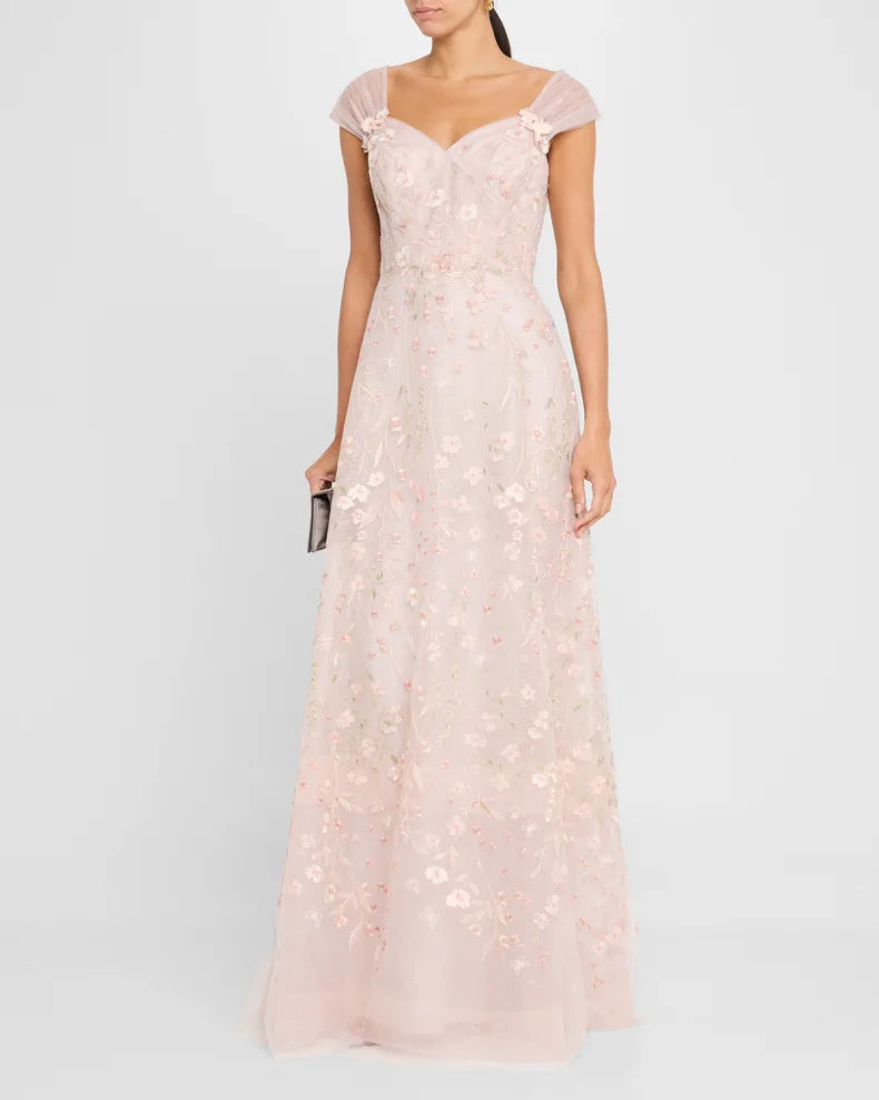Floral-Embroidered Tulle Gown Beautiful and charming simple and unique design