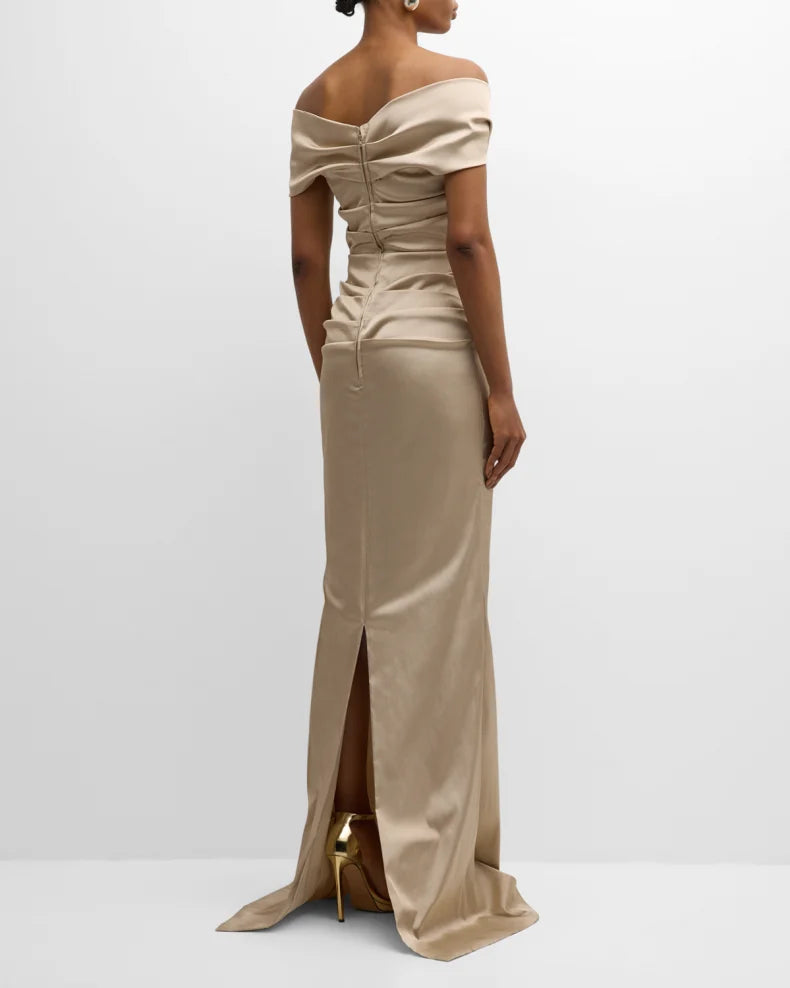Pleated Off-Shoulder Satin Column Gown Beautiful and charming simple and unique design