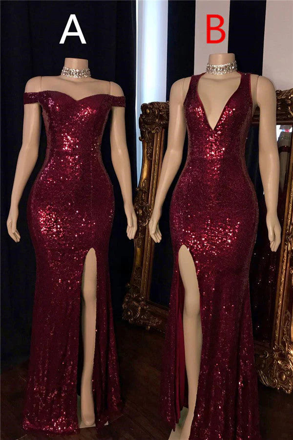 Burgundy Sequins Long Prom Dress Mermaid Simple gentle atmospheric and unique design