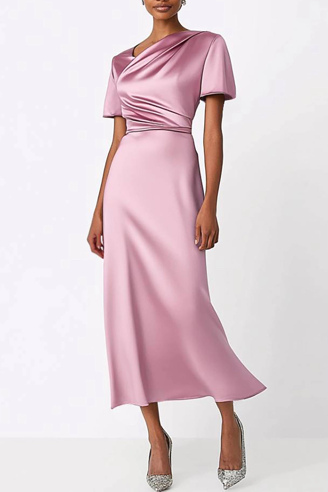 Simple beautiful generous and full of charm Prom Dress Wedding Guest Semi-Formal Dress Light Purple Satin Irregular Neck Midi Dress