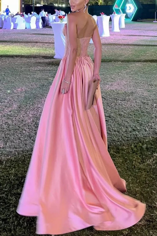 Strapless Satin A-Line Empire-Waist Sleeveless Pleats Formal Prom Dress