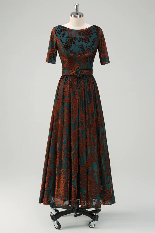 Green A Line Ruffled Burnout Velvet Dress with Short Sleeves