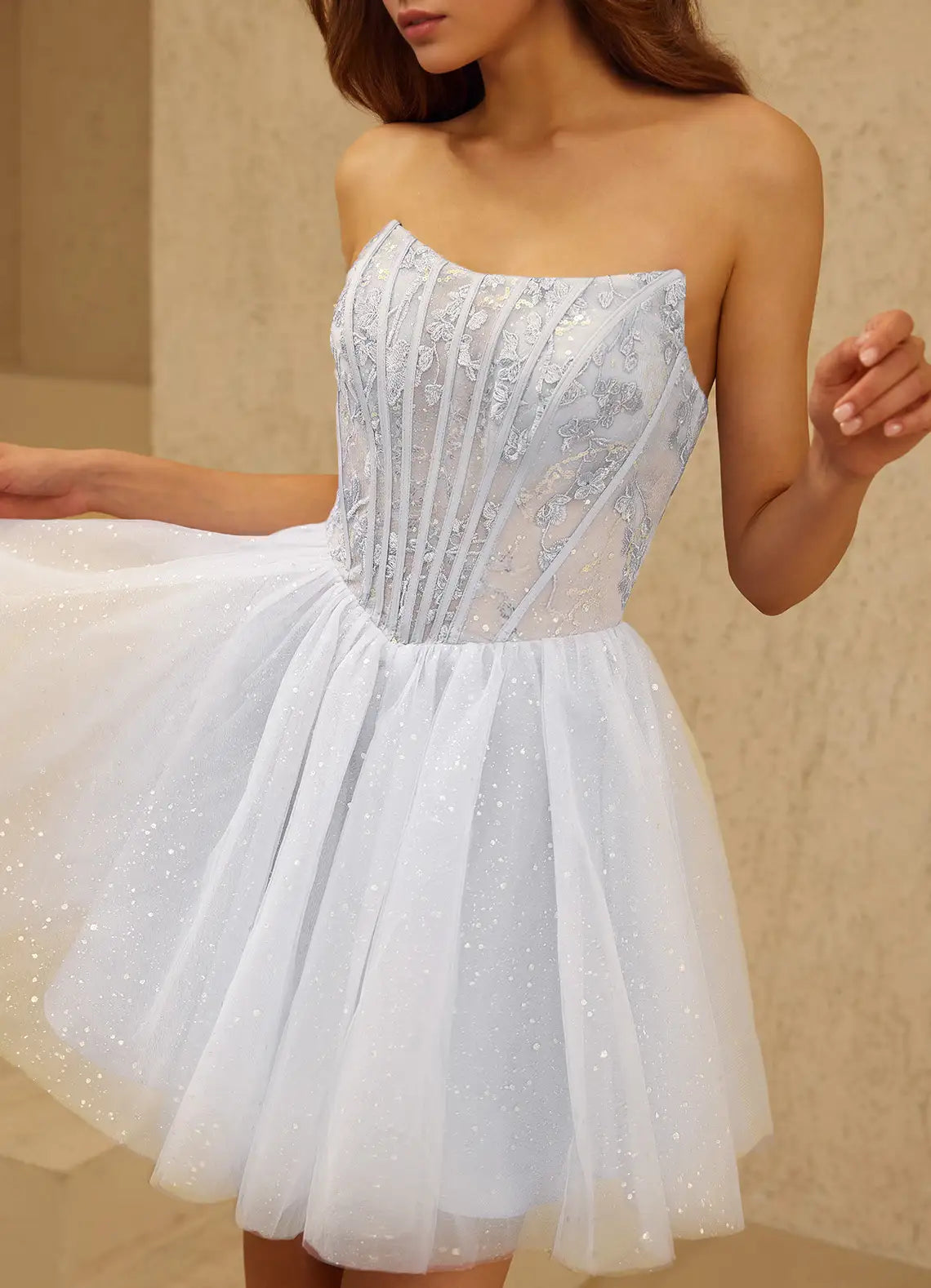 Light Blue Strapless Tulle Mini Dress with Lace-Up Back Florisse White Mini Dress Homecoming Dresses