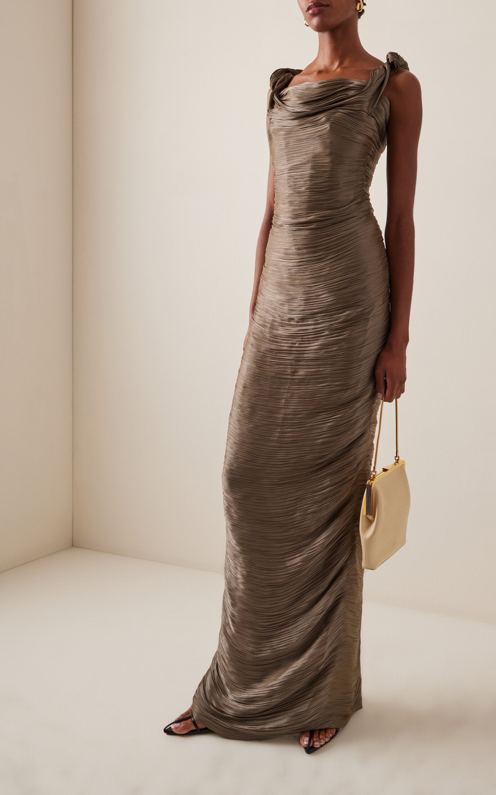 Ruched Silk Satin Off-The-Shoulder Gown Gentle beautiful and grand