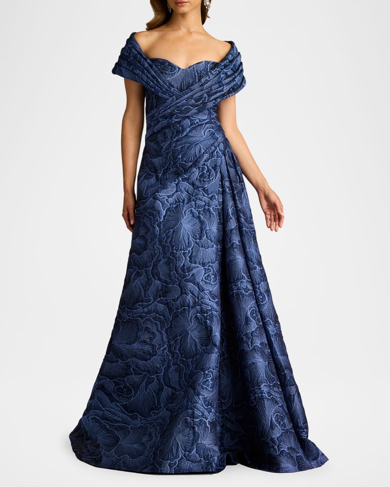Pleated Off-Shoulder Floral Jacquard Gown Beautiful and charming simple and unique design