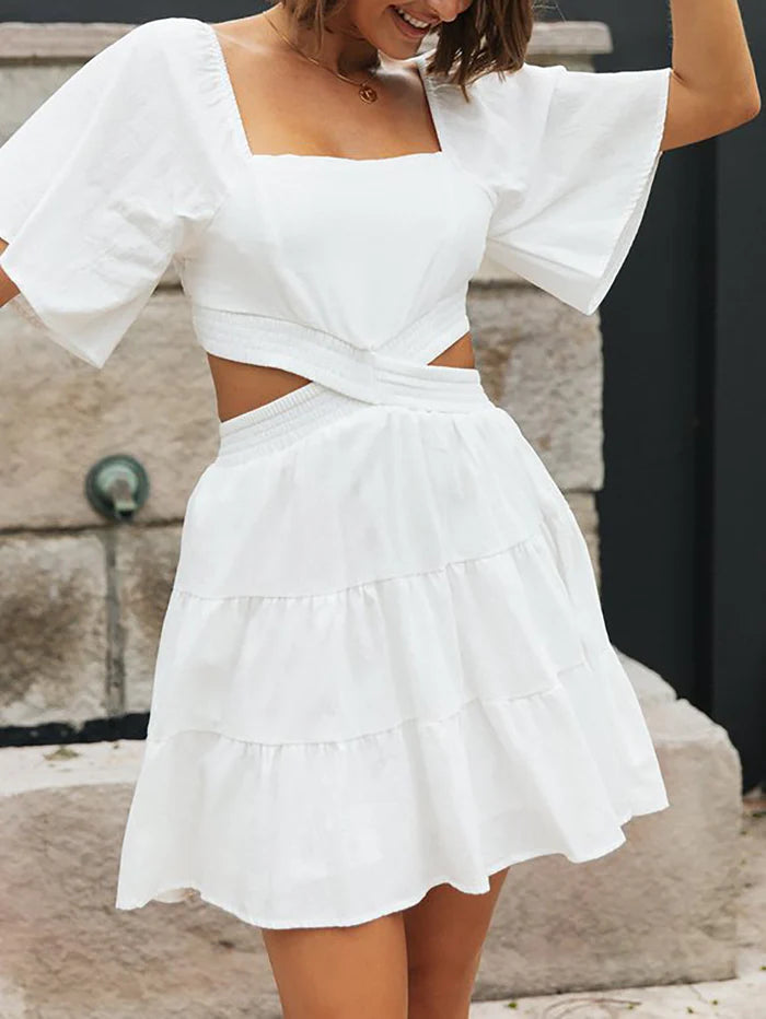 Sweet White Square Neck Cutout A Line Short Graduation Dress