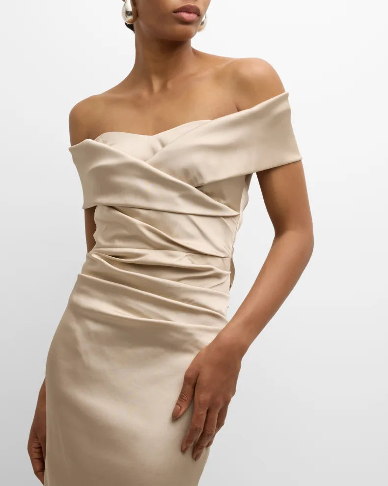 Pleated Off-Shoulder Satin Column Gown Beautiful and charming simple and unique design