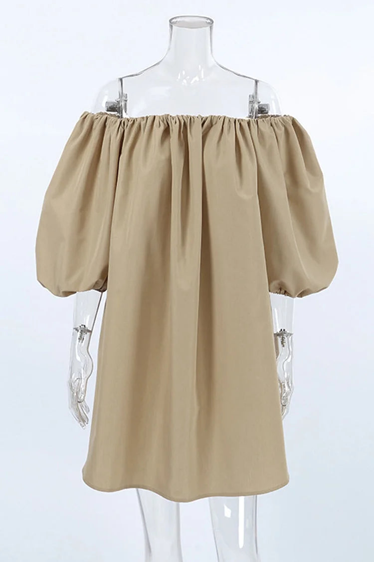 Sexy Solid Color Pocket Ruched Off Shoulder Lantern Skirt Dresses Simple atmospheric beautiful and unique desi