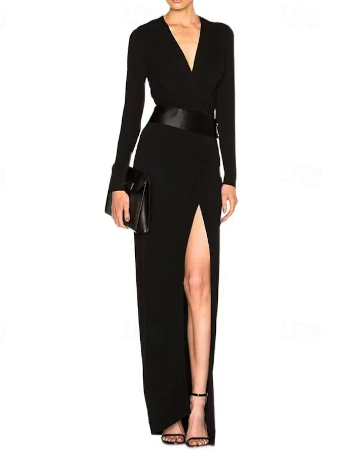Sheath / Column Evening Gown Party Dress Evening Party Black Tie Gala Floor Length Long Sleeve V Neck Belt / Sash Cotton Blend Backless with Pleats Ruched Slit