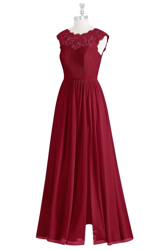 Crew Neck Cap Sleeve Long Bridesmaid Dress with Slit Simple gentle grand and beautiful