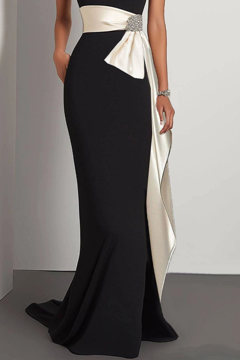 Elegant Evening Satin Dress Off-Shoulder Mermaid White Sash Rhinestone Dress