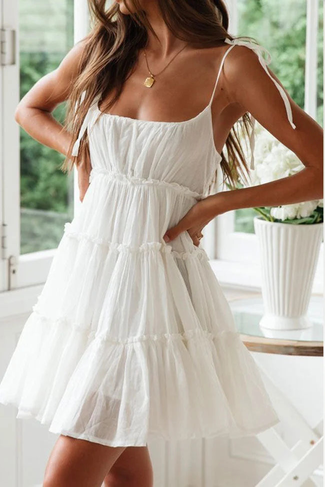 Flattering Tiered Ruffle Empire Waist Mini Summer Sundress - WhiteSimple gentle beautiful and unique design