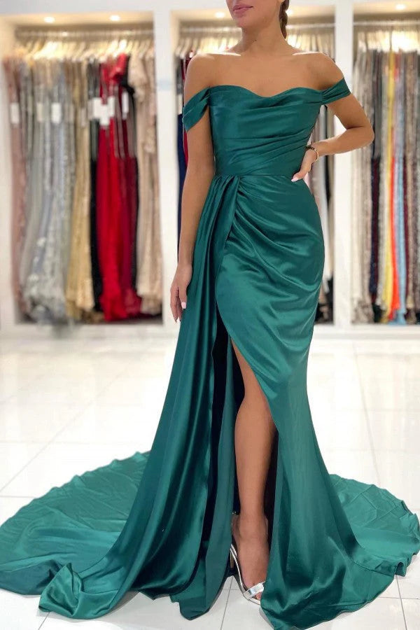 Off-the-Shoulder Dark Green Prom Dress Mermaid With Slit imple gentle atmospheric and unique design  ﻿