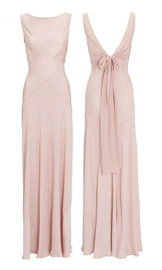 Pink Chiffon V Back Long Prom Dress Elegant Bridesmaids Dress