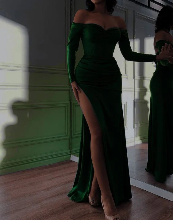 Green Off The Shoulder Simple evening dresses long prom dress