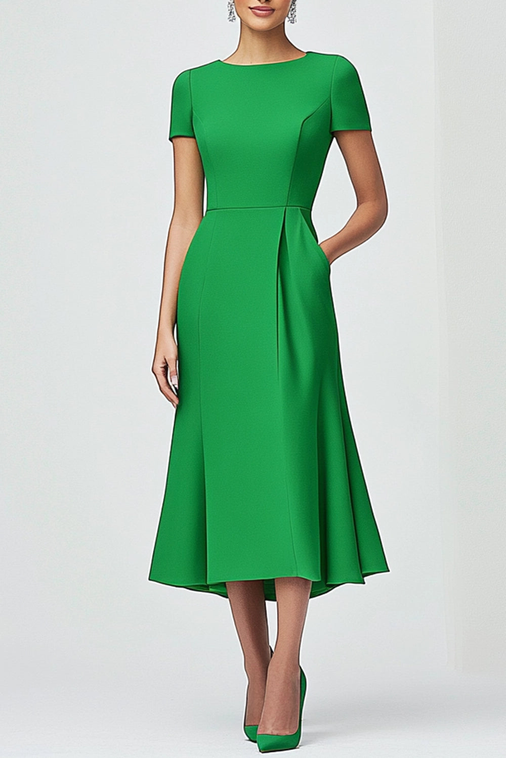 Formal Work Green A-Line Dress Short Sleeves Flared Hem Dress With Pockets Simple beautiful generous and full of charm