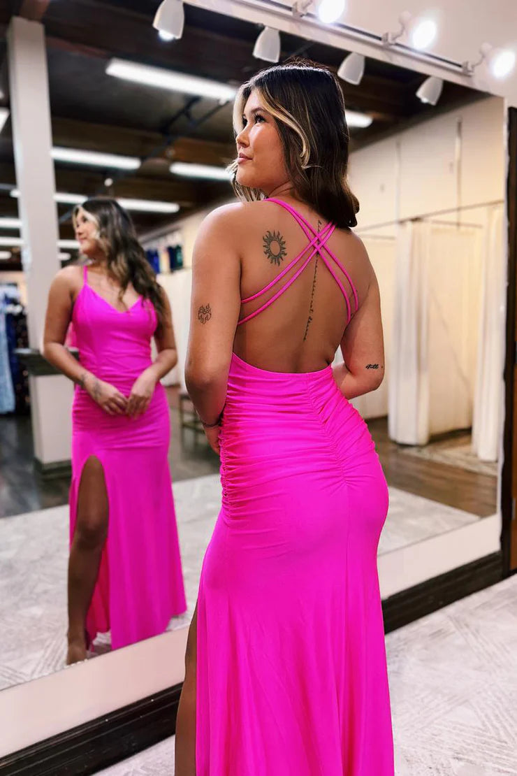 Cute Mermaid V Neck Hot Pink Elastic Satin Long Prom Dress with Slit