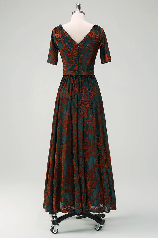 Green A Line Ruffled Burnout Velvet Dress with Short Sleeves