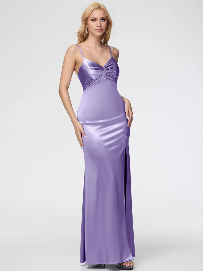 Tahiti Prom Dresses V-Neck Sleeveless Spaghetti Straps Trumpet/Mermaid Split Stretch Satin Prom Dresses
