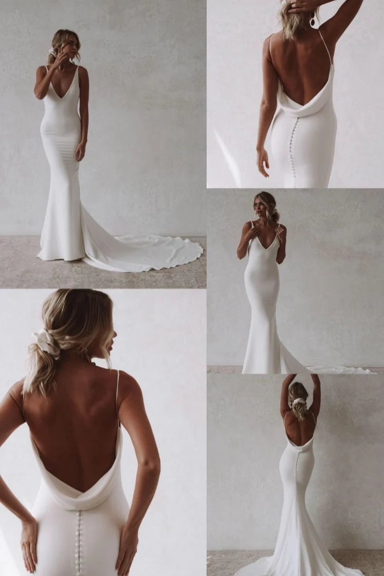 Mermaid Beach Wedding Dress Sexy Deep V-neck Backless Bride Gown