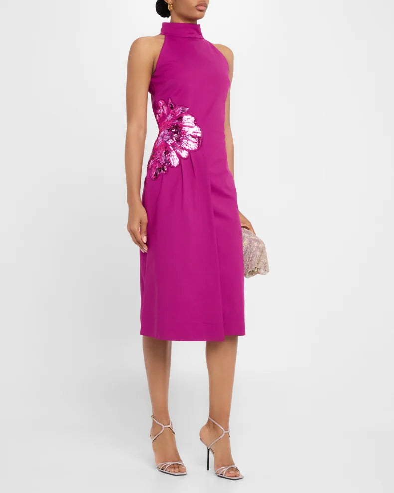 Sequin Floral Applique Halter Midi Dress Beautiful and charming simple and unique design