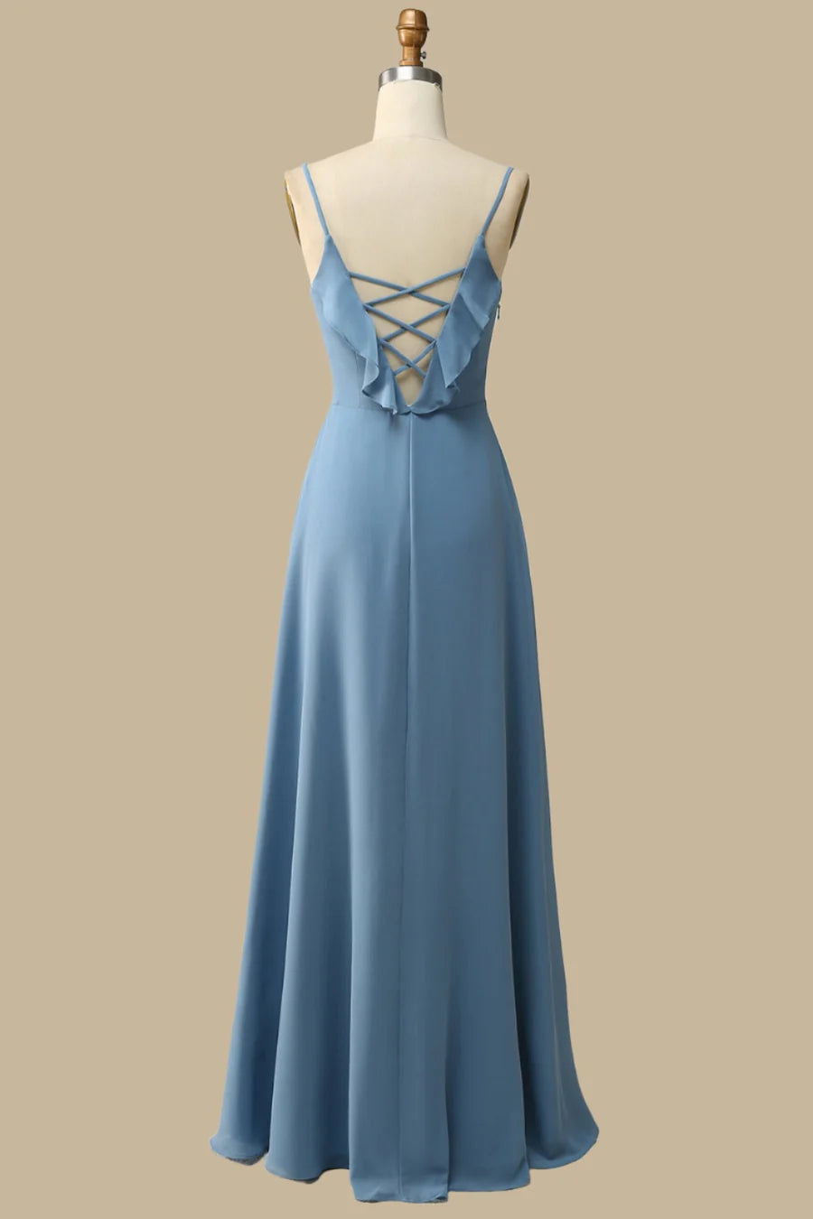 Ruffle Lace-Up Chiffon Maxi Dress Dusty Blue  Simple gentle grand and beautifu