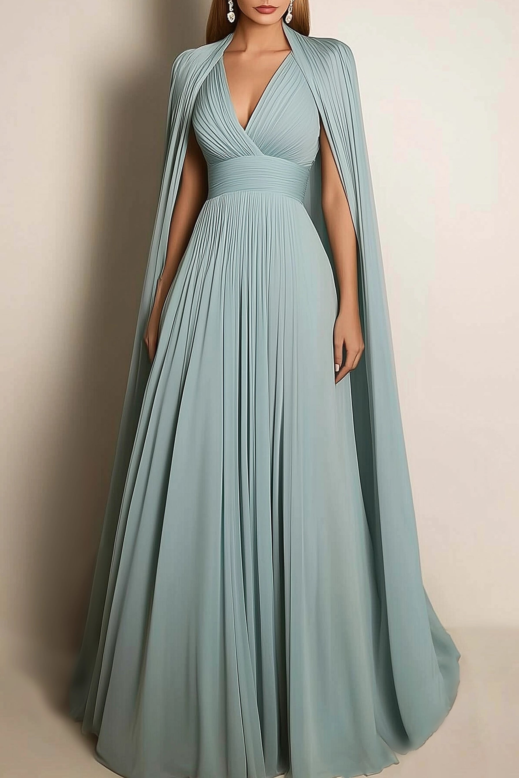 Formal Evening Dress Sage Green V-Neck Pleated Cape Floor-Length Gown