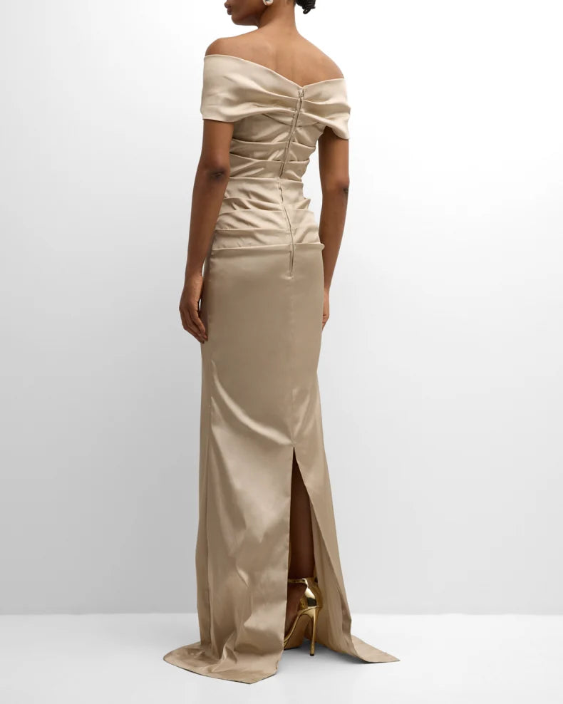 Pleated Off-Shoulder Satin Column Gown Beautiful and charming simple and unique design