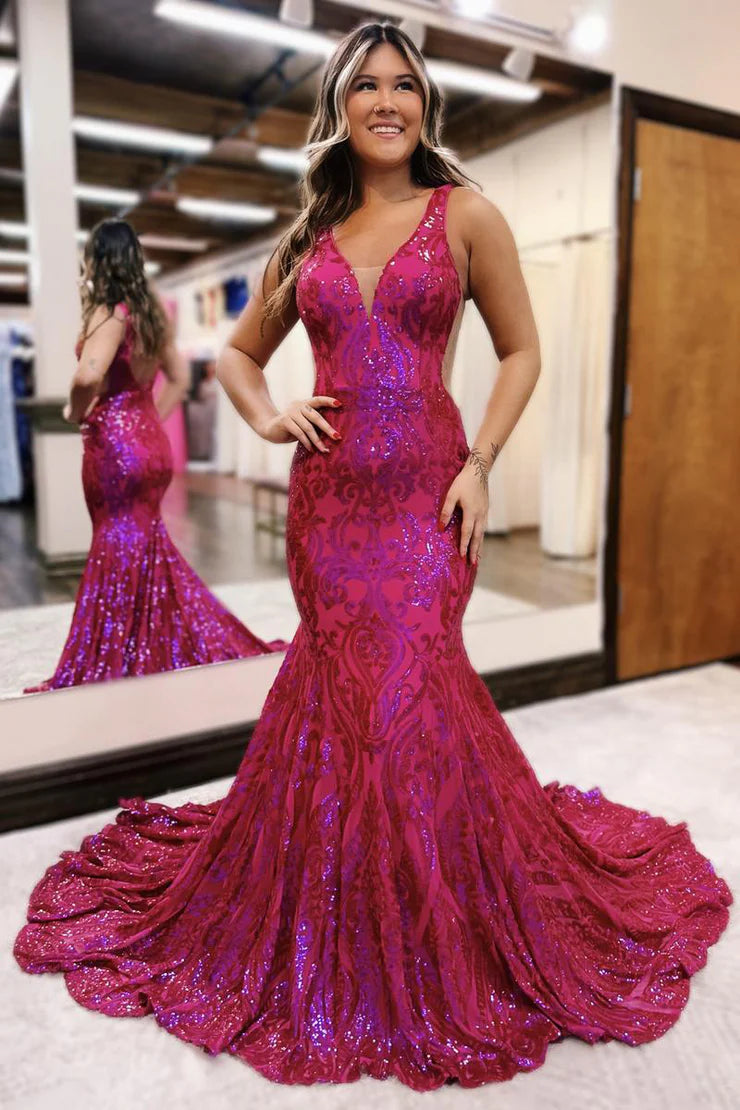 Charming Mermaid V Neck Fuchsia Sequins Lace Long Prom Dress