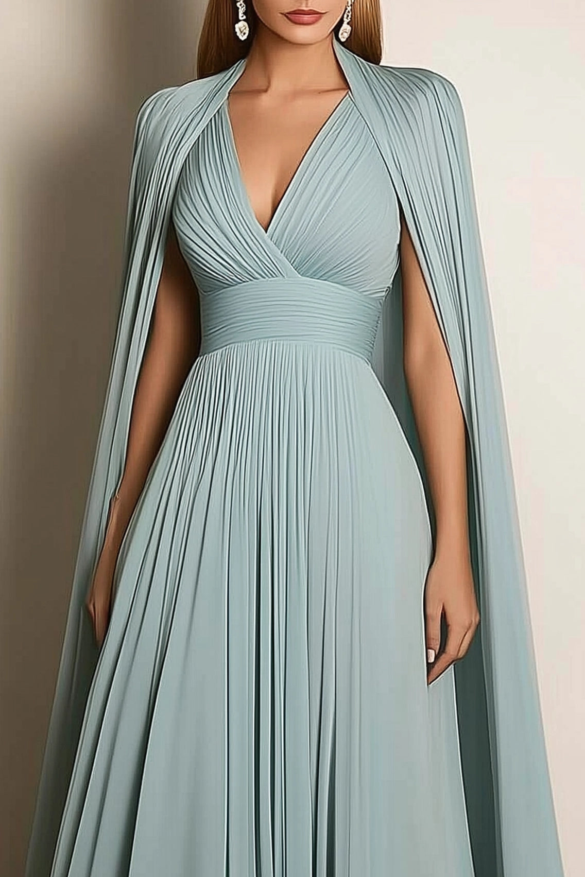 Formal Evening Dress Sage Green V-Neck Pleated Cape Floor-Length Gown