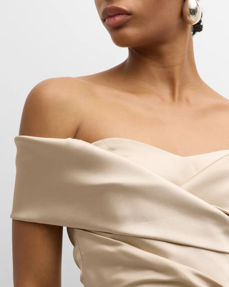 Pleated Off-Shoulder Satin Column Gown Beautiful and charming simple and unique design