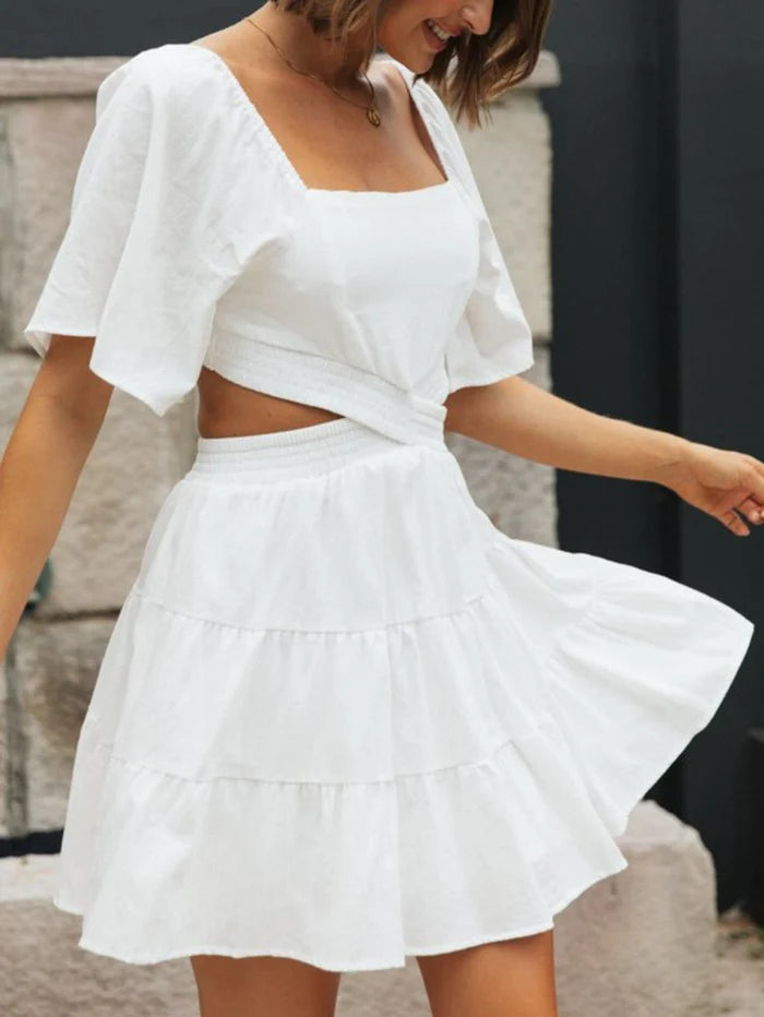 Sweet White Square Neck Cutout A Line Short Graduation Dress