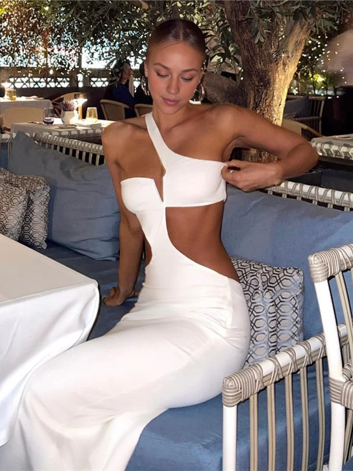 White Long Summer Dress Women Sexy Cut Out Slim Evening Party Dress Fashion One Shoulder Vacation Beach Maxi Dresses 2024 New