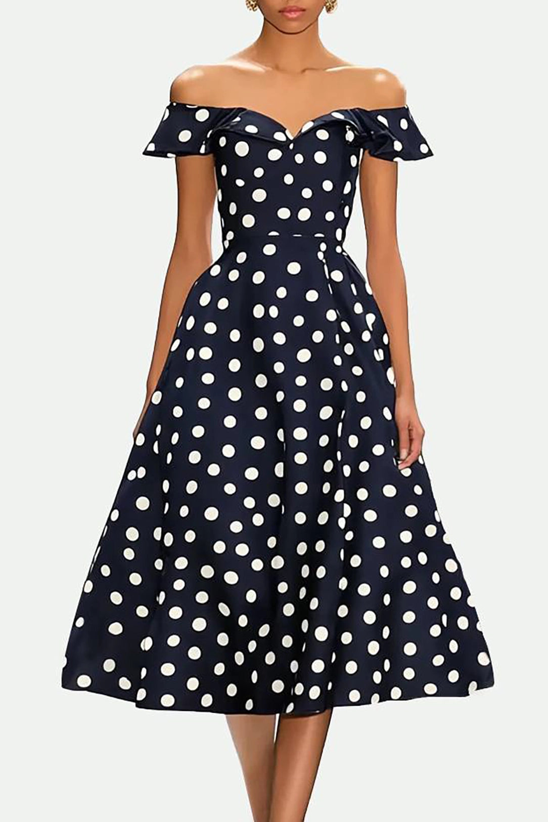 Prom Party Dress White Polka Dot Off-Shoulder Drop-Shoulder Sleeve Midi Dress