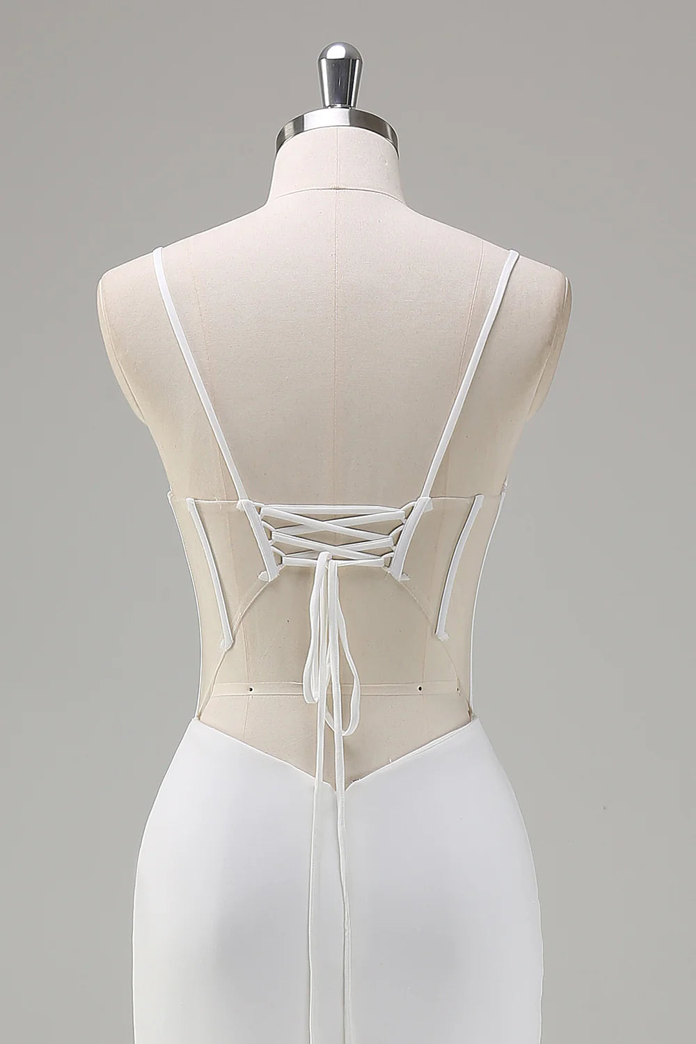 White Spaghetti Straps Corset Long Mermaid Prom Dress with Lace Up Back