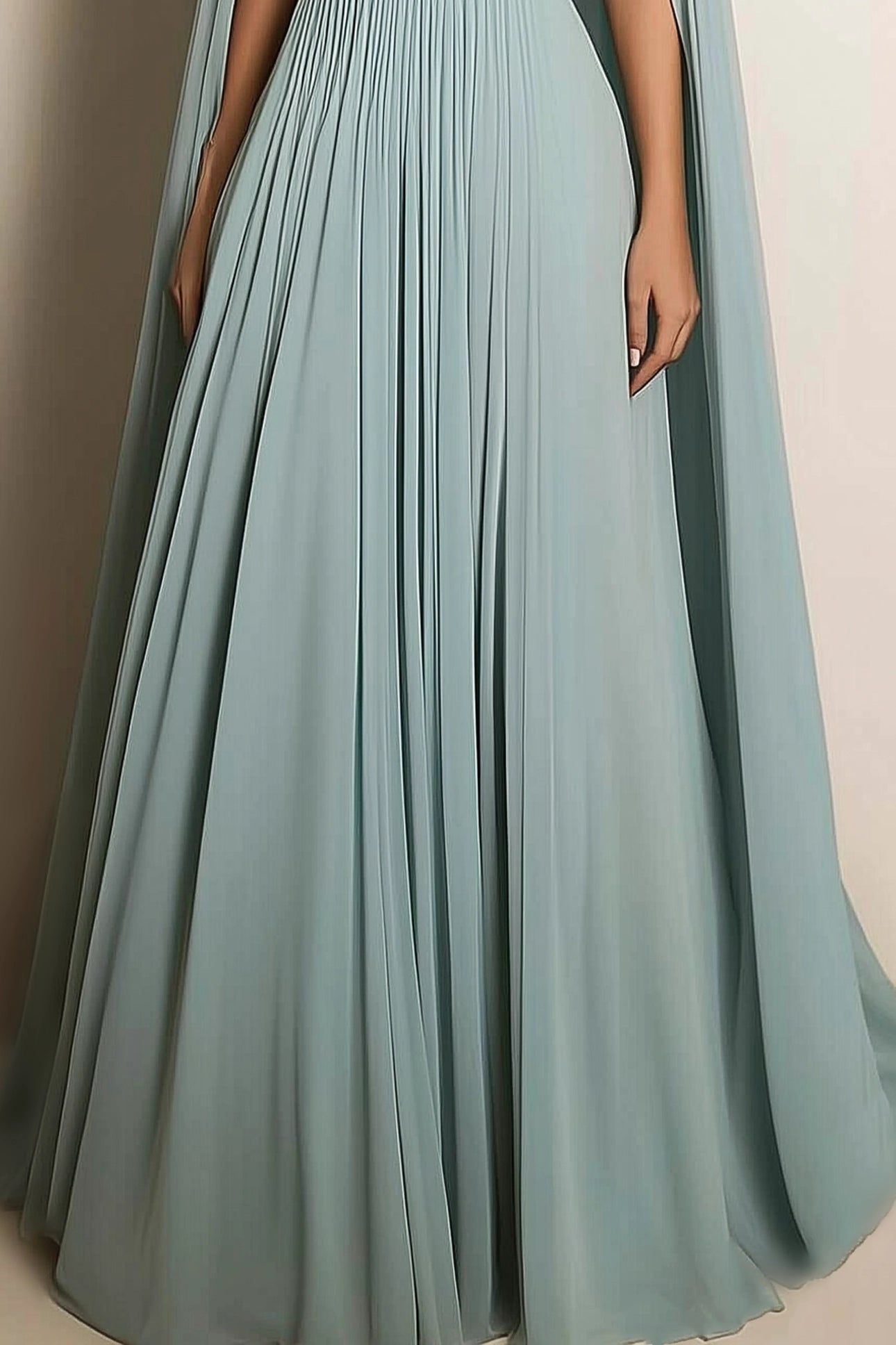Formal Evening Dress Sage Green V-Neck Pleated Cape Floor-Length Gown